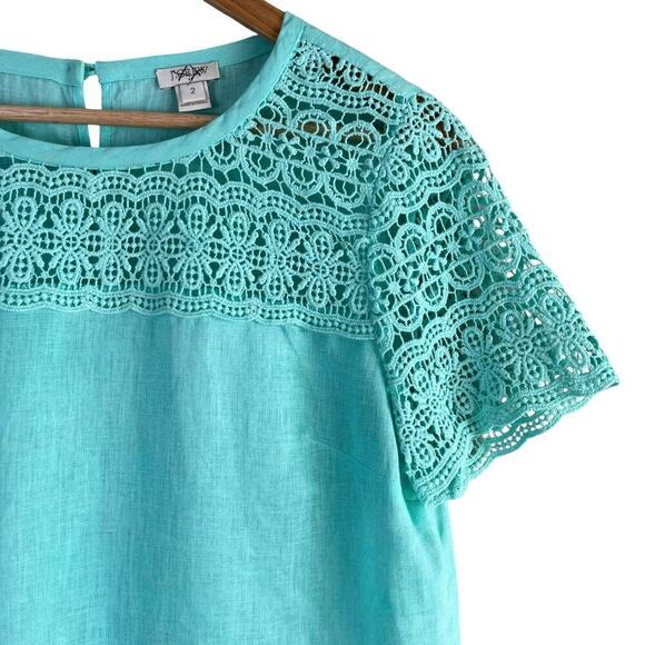 J.Crew Linen Lace Short Sleeve Tee Top in Mint Green, Size 2 - Picture 4 of 9